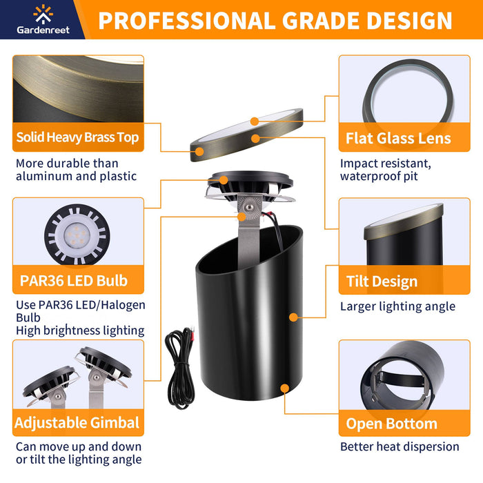 Gardenreet Brass Outdoor 12V Well Lights, Low Voltage LED Landscape Lighting In Ground Lights  Use 6W 590LM LED 3000K PAR36 Bulb for Tree, Garden, Pathway, Yard(Bevel Top 2205A) - Sweatfully
