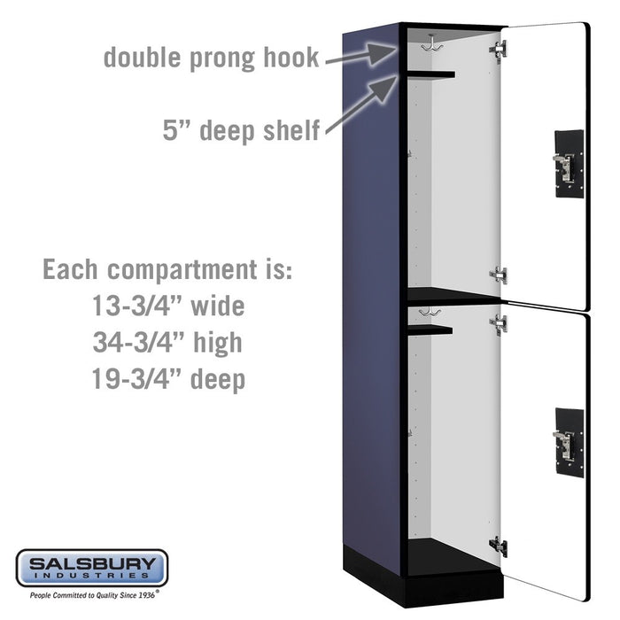 Salsbury 15" Wide Double Tier Designer Wood Locker - 1 Wide - 6 Feet High - 21 Inches Deep - Blue - Black Resettable Combination Locks - Sweatfully