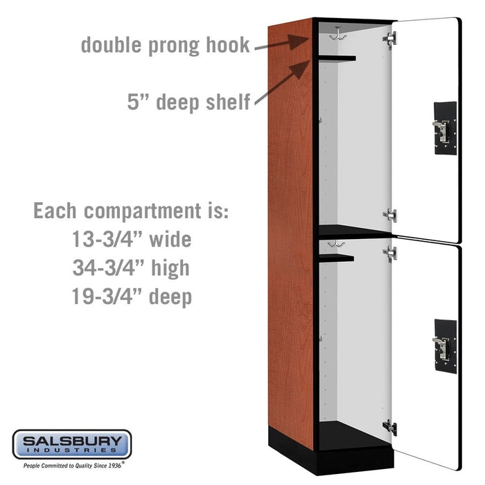 Salsbury 15" Wide Double Tier Designer Wood Locker - 1 Wide - 6 Feet High - 21 Inches Deep - Cherry - Black Resettable Combination Locks - Sweatfully