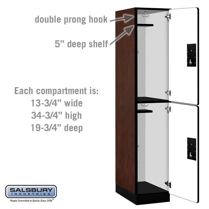 Salsbury 15" Wide Double Tier Designer Wood Locker - 1 Wide - 6 Feet High - 21 Inches Deep - Mahogany - Silver Electronic Locks - Sweatfully