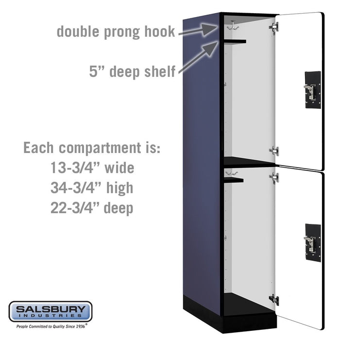 Salsbury 15" Wide Double Tier Designer Wood Locker - 1 Wide - 6 Feet High - 24 Inches Deep - Blue - Silver Resettable Combination Locks - Sweatfully