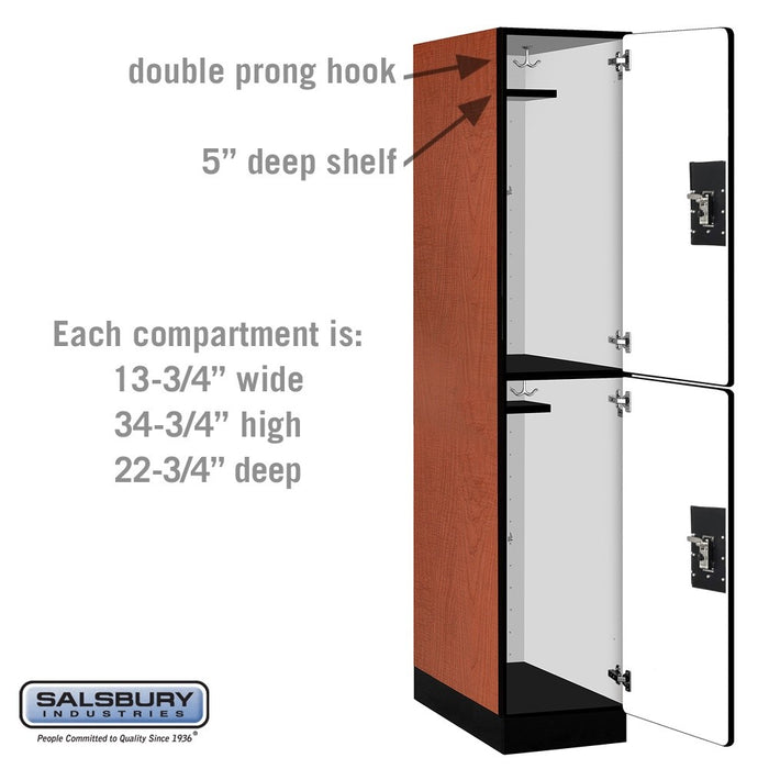 Salsbury 15" Wide Double Tier Designer Wood Locker - 1 Wide - 6 Feet High - 24 Inches Deep - Cherry - Silver Resettable Combination Locks - Sweatfully