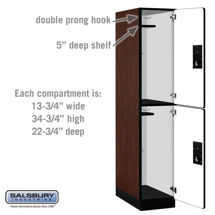 Salsbury 15" Wide Double Tier Designer Wood Locker - 1 Wide - 6 Feet High - 24 Inches Deep - Mahogany - Black Electronic Locks - Sweatfully
