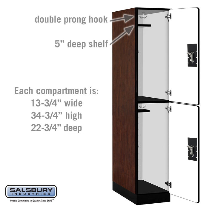 Salsbury 15" Wide Double Tier Designer Wood Locker - 1 Wide - 6 Feet High - 24 Inches Deep - Mahogany - Silver Resettable Combination Locks - Sweatfully