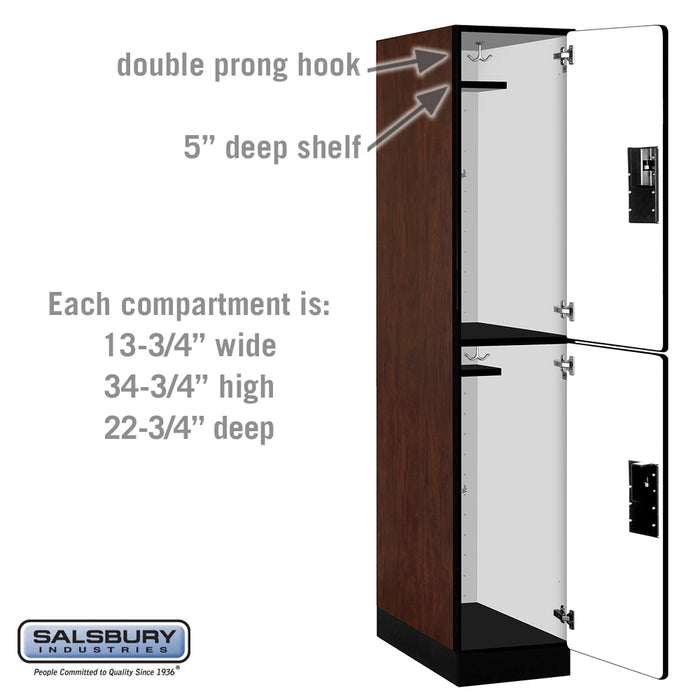 Salsbury 15" Wide Double Tier Designer Wood Locker - 1 Wide - 6 Feet High - 24 Inches Deep - Mahogany - Hasps - Sweatfully
