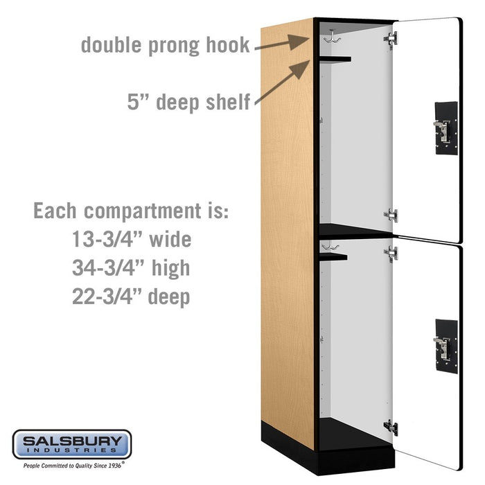 Salsbury 15" Wide Double Tier Designer Wood Locker - 1 Wide - 6 Feet High - 24 Inches Deep - Maple - Black Resettable Combination Locks - Sweatfully