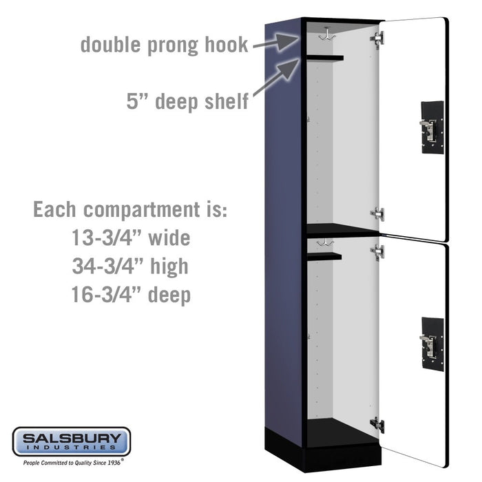 Salsbury 15" Wide Double Tier Designer Wood Locker - 1 Wide - 6 Feet High - 18 Inches Deep - Blue - Black Resettable Combination Locks - Sweatfully