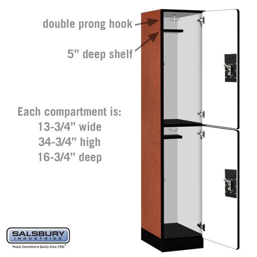Salsbury 15" Wide Double Tier Designer Wood Locker - 1 Wide - 6 Feet High - 18 Inches Deep - Cherry - Silver Resettable Combination Locks - Sweatfully