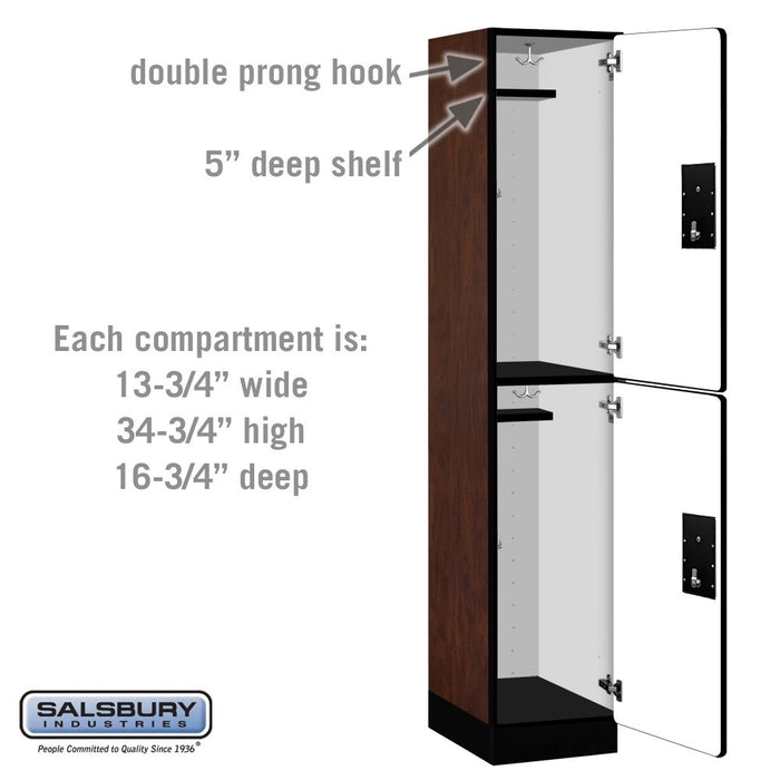 Salsbury 15" Wide Double Tier Designer Wood Locker - 1 Wide - 6 Feet High - 18 Inches Deep - Mahogany - Black Electronic Locks - Sweatfully