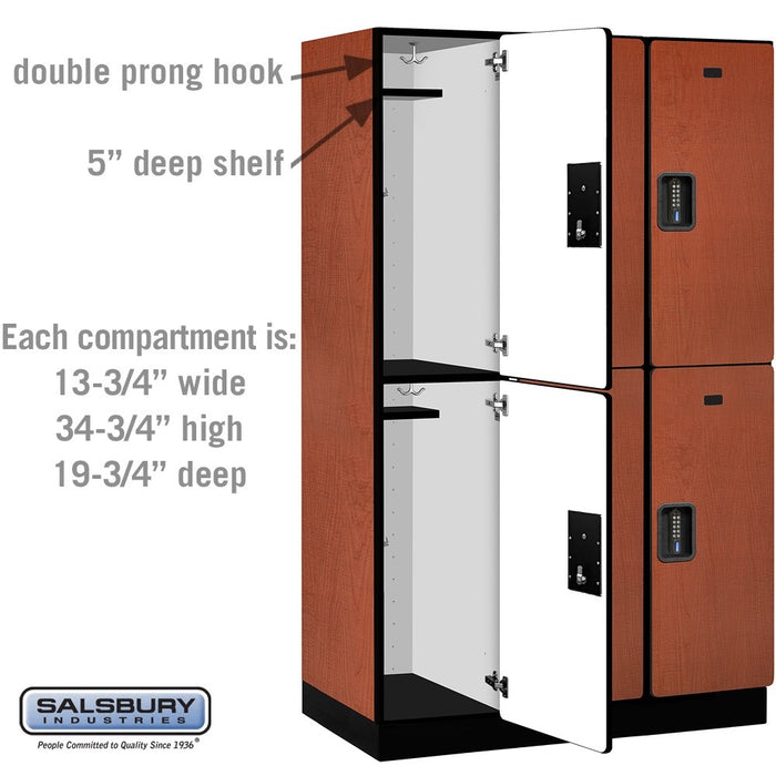 Salsbury 15" Wide Double Tier Designer Wood Locker - 3 Wide - 6 Feet High - 21 Inches Deep - Cherry - Black Electronic Locks - Sweatfully