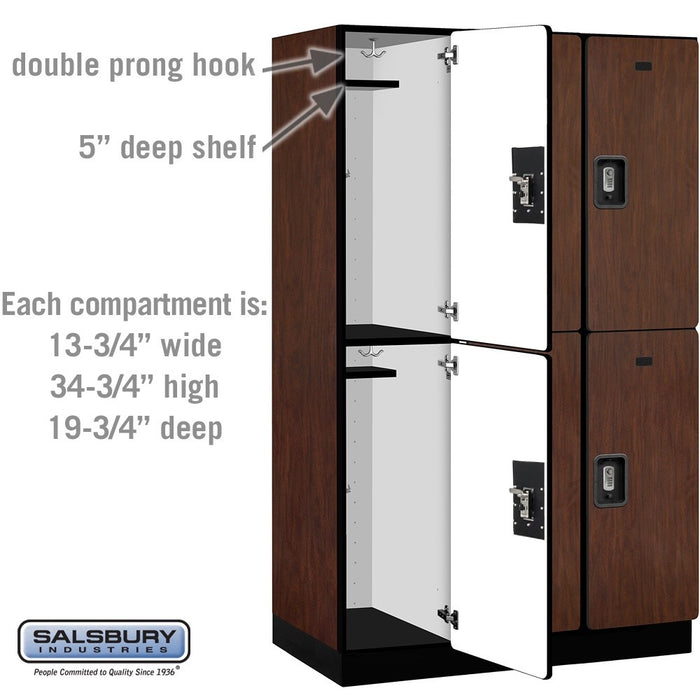 Salsbury 15" Wide Double Tier Designer Wood Locker - 3 Wide - 6 Feet High - 21 Inches Deep - Mahogany - Silver Resettable Combination Locks - Sweatfully