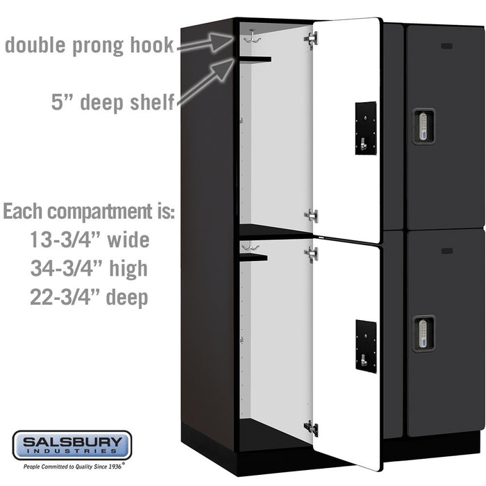 Salsbury 15" Wide Double Tier Designer Wood Locker - 3 Wide - 6 Feet High - 24 Inches Deep - Black - Silver Electronic Locks - Sweatfully