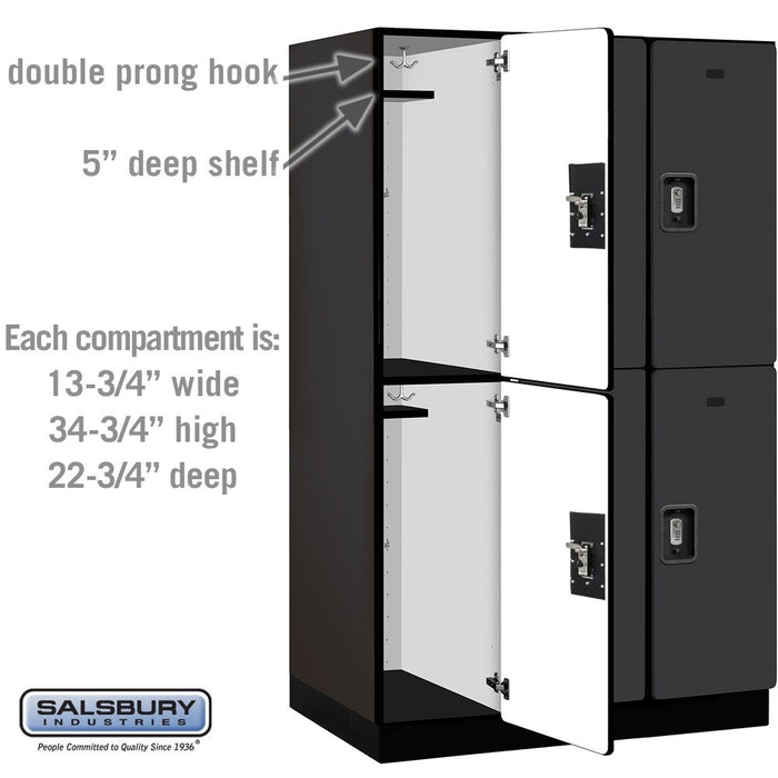 Salsbury 15" Wide Double Tier Designer Wood Locker - 3 Wide - 6 Feet High - 24 Inches Deep - Black - Silver Resettable Combination Locks - Sweatfully