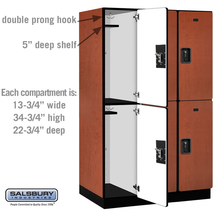 Salsbury 15" Wide Double Tier Designer Wood Locker - 3 Wide - 6 Feet High - 24 Inches Deep - Cherry - Black Resettable Combination Locks - Sweatfully