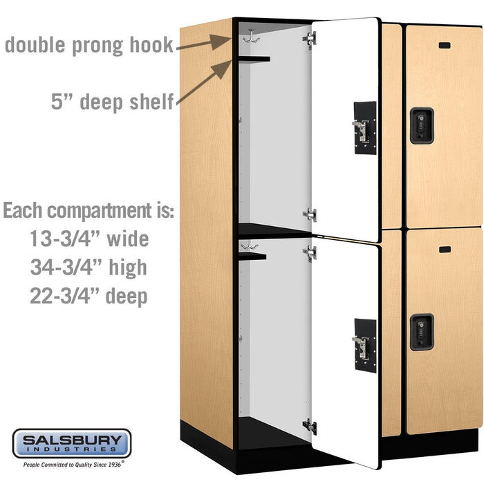 Salsbury 15" Wide Double Tier Designer Wood Locker - 3 Wide - 6 Feet High - 24 Inches Deep - Maple - Black Resettable Combination Locks - Sweatfully