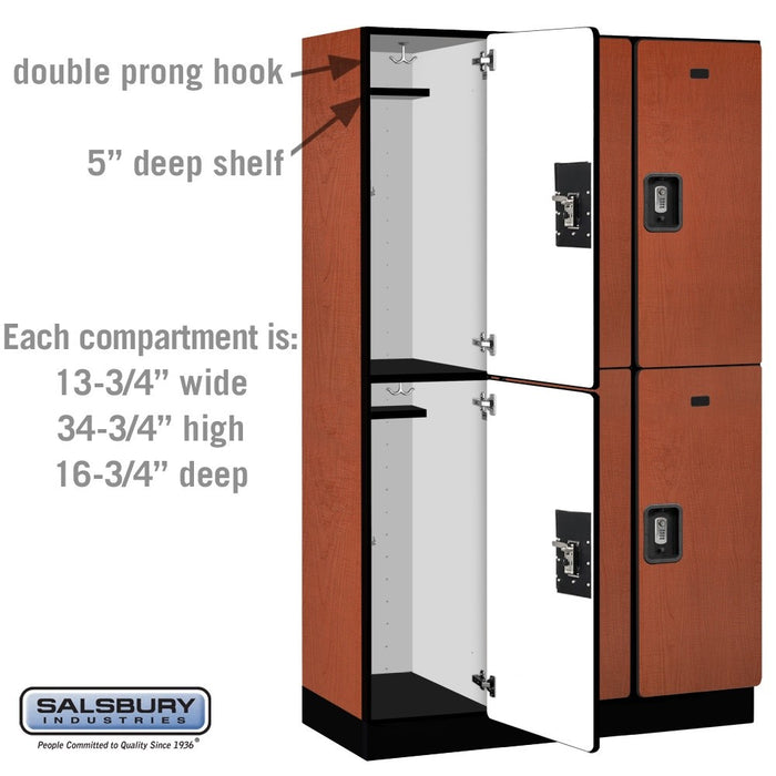 Salsbury 15" Wide Double Tier Designer Wood Locker - 3 Wide - 6 Feet High - 18 Inches Deep - Cherry - Silver Resettable Combination Locks - Sweatfully