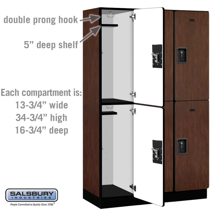 Salsbury 15" Wide Double Tier Designer Wood Locker - 3 Wide - 6 Feet High - 18 Inches Deep - Mahogany - Black Resettable Combination Locks - Sweatfully