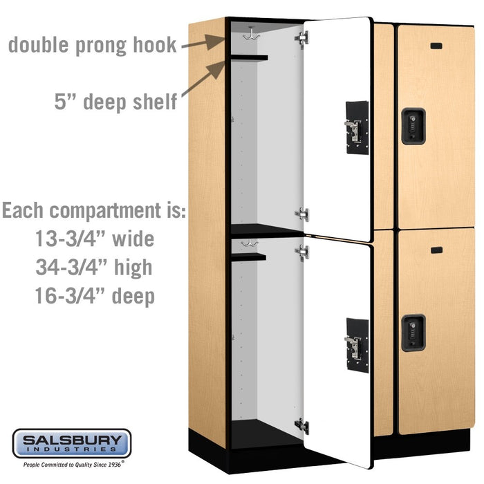 Salsbury 15" Wide Double Tier Designer Wood Locker - 3 Wide - 6 Feet High - 18 Inches Deep - Maple - Black Resettable Combination Locks - Sweatfully