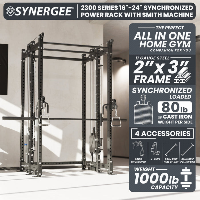 Synergee 2300 Series Power Cage with Synchronized Loaded Cable Cross Overs and Smith Machine - Sweatfully