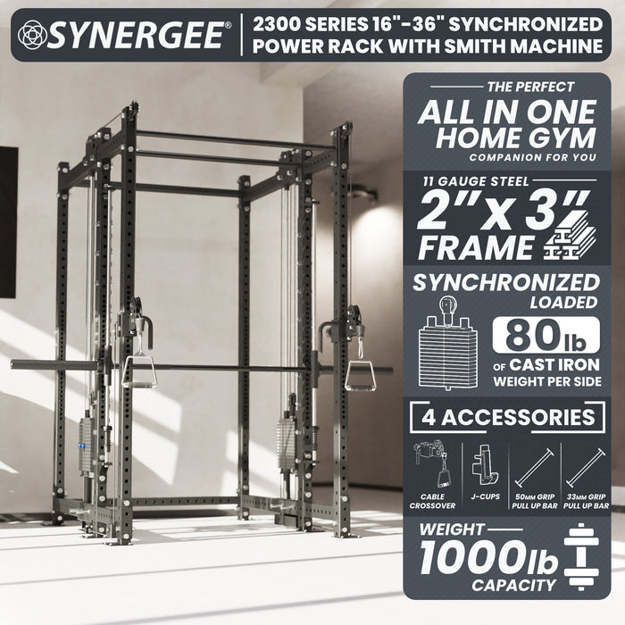 Synergee 2300 Series Power Cage with Synchronized Loaded Cable Cross Overs and Smith Machine - Sweatfully