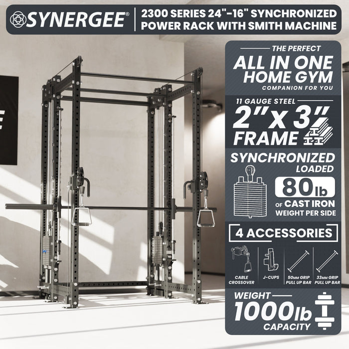 Synergee 2300 Series Power Cage with Synchronized Loaded Cable Cross Overs and Smith Machine - Sweatfully