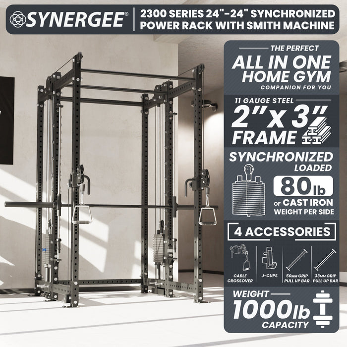 Synergee 2300 Series Power Cage with Synchronized Loaded Cable Cross Overs and Smith Machine - Sweatfully