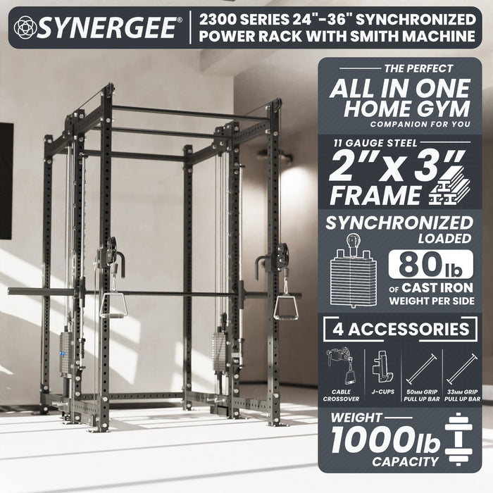 Synergee 2300 Series Power Cage with Synchronized Loaded Cable Cross Overs and Smith Machine - Sweatfully