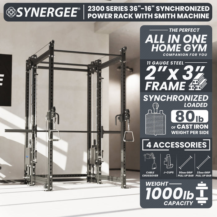 Synergee 2300 Series Power Cage with Synchronized Loaded Cable Cross Overs and Smith Machine - Sweatfully