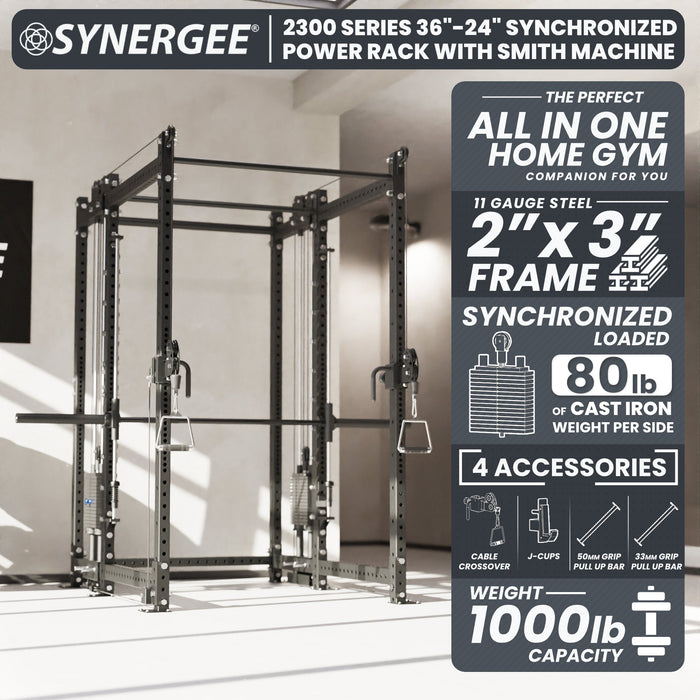 Synergee 2300 Series Power Cage with Synchronized Loaded Cable Cross Overs and Smith Machine - Sweatfully