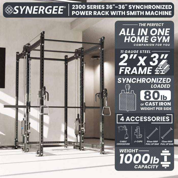 Synergee 2300 Series Power Cage with Synchronized Loaded Cable Cross Overs and Smith Machine - Sweatfully