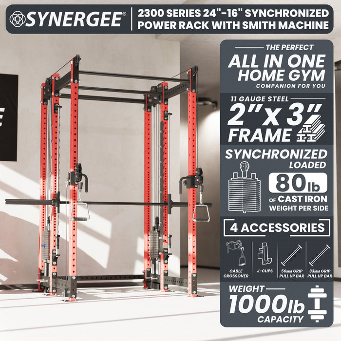 Synergee 2300 Series Power Cage with Synchronized Loaded Cable Cross Overs and Smith Machine - Sweatfully