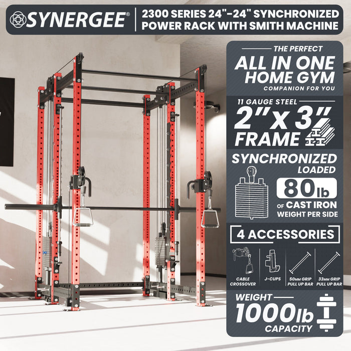 Synergee 2300 Series Power Cage with Synchronized Loaded Cable Cross Overs and Smith Machine - Sweatfully