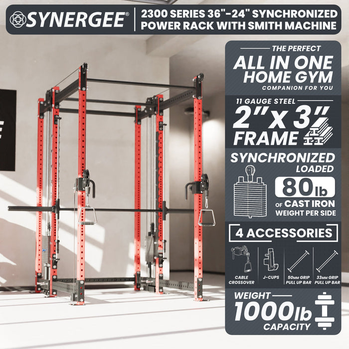 Synergee 2300 Series Power Cage with Synchronized Loaded Cable Cross Overs and Smith Machine - Sweatfully