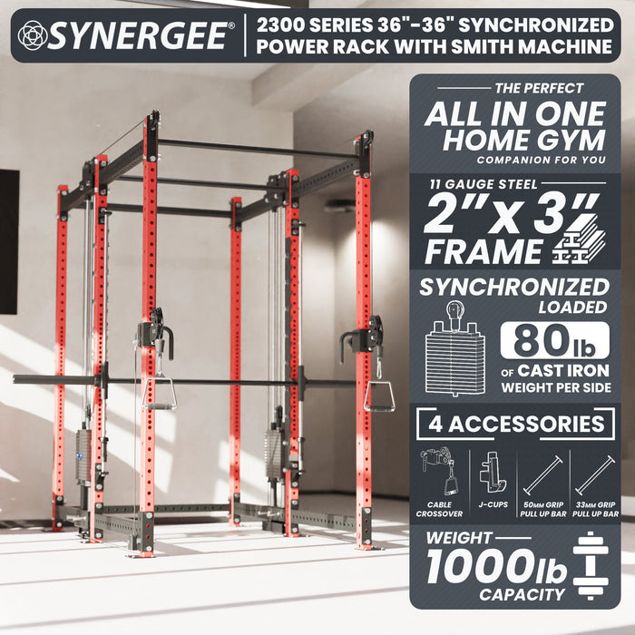 Synergee 2300 Series Power Cage with Synchronized Loaded Cable Cross Overs and Smith Machine - Sweatfully