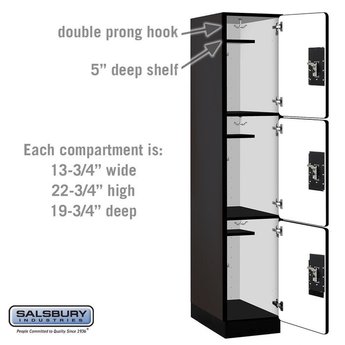 Salsbury 15" Wide Triple Tier Designer Wood Locker - 1 Wide - 6 Feet High - 21 Inches Deep - Black - Silver Resettable Combination Locks - Sweatfully