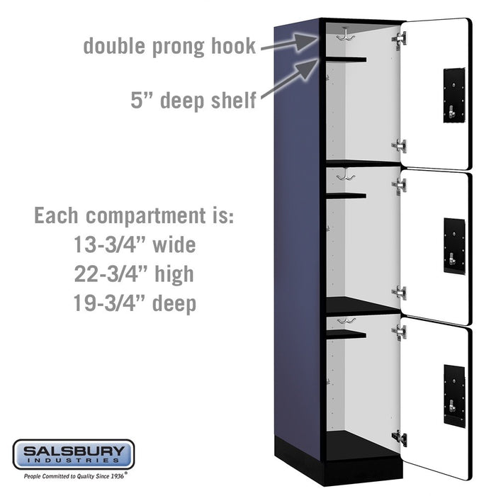 Salsbury 15" Wide Triple Tier Designer Wood Locker - 1 Wide - 6 Feet High - 21 Inches Deep - Blue - Silver Electronic Locks - Sweatfully