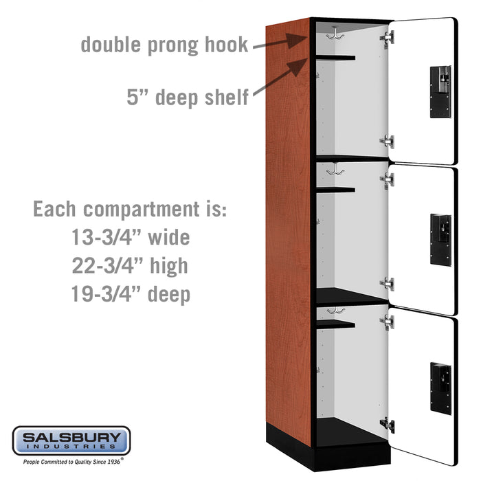 Salsbury 15" Wide Triple Tier Designer Wood Locker - 1 Wide - 6 Feet High - 21 Inches Deep - Cherry - Hasps - Sweatfully