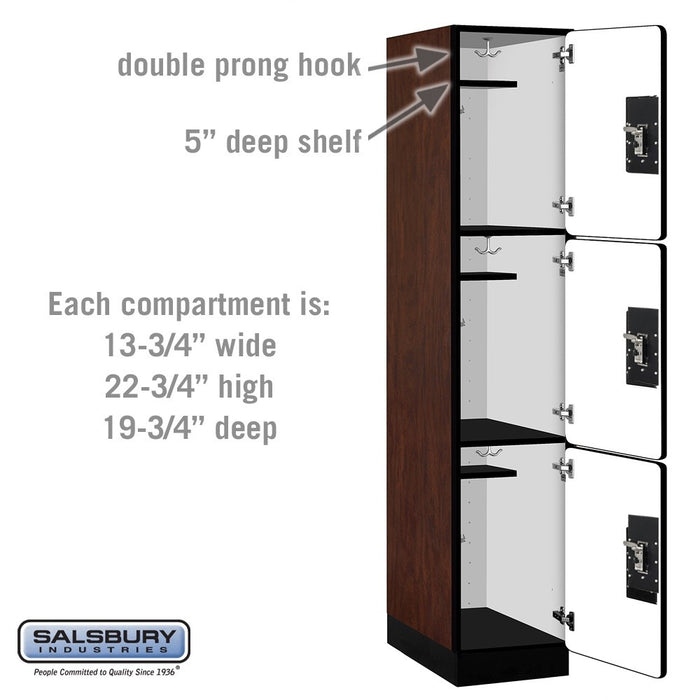 Salsbury 15" Wide Triple Tier Designer Wood Locker - 1 Wide - 6 Feet High - 21 Inches Deep - Mahogany - Silver Resettable Combination Locks - Sweatfully