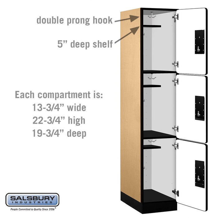 Salsbury 15" Wide Triple Tier Designer Wood Locker - 1 Wide - 6 Feet High - 21 Inches Deep - Maple - Silver Electronic Locks - Sweatfully