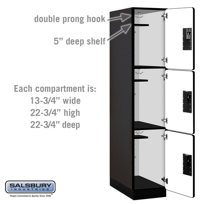 Salsbury 15" Wide Triple Tier Designer Wood Locker - 1 Wide - 6 Feet High - 24 Inches Deep - Black - Hasps - Sweatfully