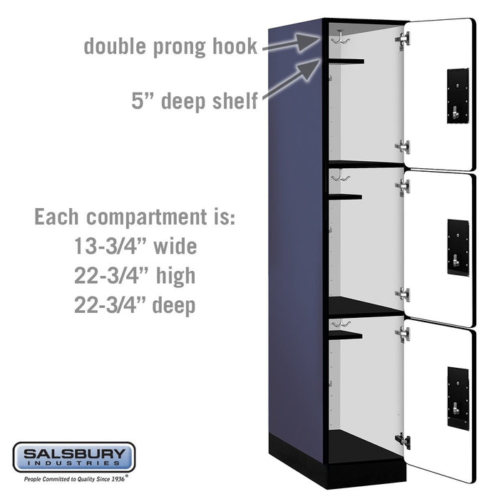 Salsbury 15" Wide Triple Tier Designer Wood Locker - 1 Wide - 6 Feet High - 24 Inches Deep - Blue - Silver Electronic Locks - Sweatfully