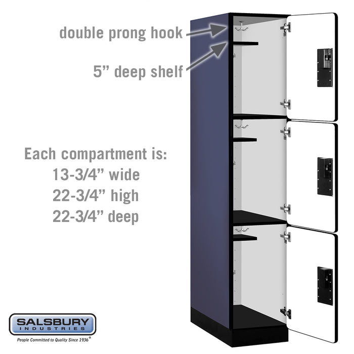 Salsbury 15" Wide Triple Tier Designer Wood Locker - 1 Wide - 6 Feet High - 24 Inches Deep - Blue - Hasps - Sweatfully