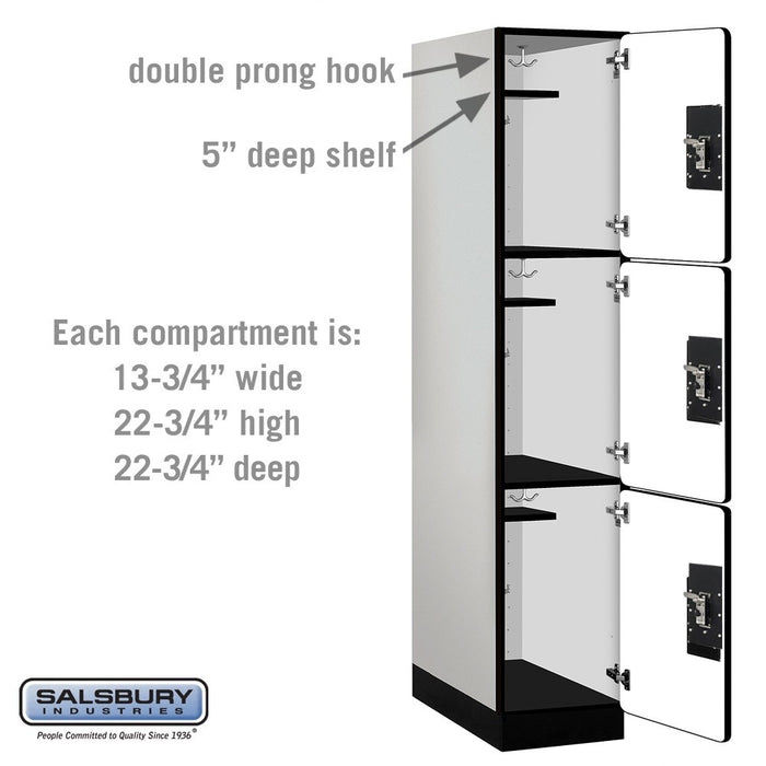 Salsbury 15" Wide Triple Tier Designer Wood Locker - 1 Wide - 6 Feet High - 24 Inches Deep - Gray - Black Resettable Combination Locks - Sweatfully