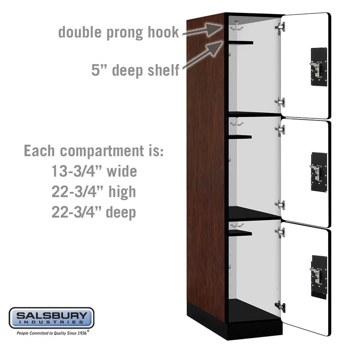 Salsbury 15" Wide Triple Tier Designer Wood Locker - 1 Wide - 6 Feet High - 24 Inches Deep - Mahogany - Silver Resettable Combination Locks - Sweatfully