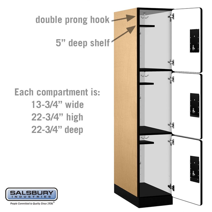Salsbury 15" Wide Triple Tier Designer Wood Locker - 1 Wide - 6 Feet High - 24 Inches Deep - Maple - Silver Electronic Locks - Sweatfully