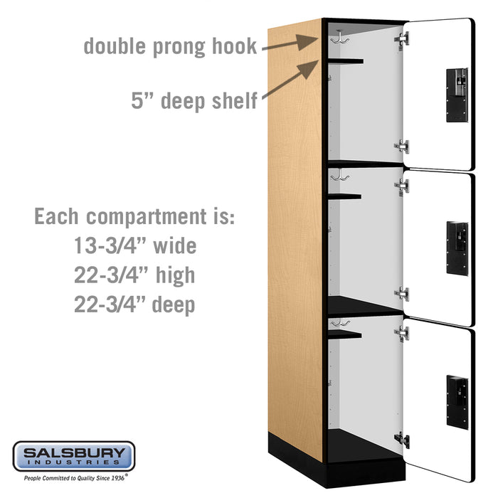 Salsbury 15" Wide Triple Tier Designer Wood Locker - 1 Wide - 6 Feet High - 24 Inches Deep - Maple - Hasps - Sweatfully