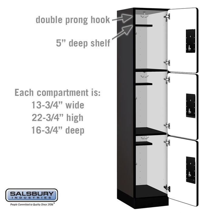 Salsbury 15" Wide Triple Tier Designer Wood Locker - 1 Wide - 6 Feet High - 18 Inches Deep - Black - Silver Electronic Locks - Sweatfully