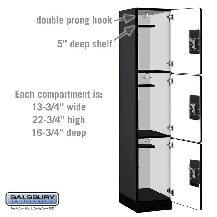 Salsbury 15" Wide Triple Tier Designer Wood Locker - 1 Wide - 6 Feet High - 18 Inches Deep - Black - Silver Resettable Combination Locks - Sweatfully