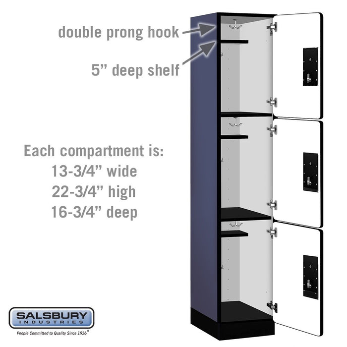 Salsbury 15" Wide Triple Tier Designer Wood Locker - 1 Wide - 6 Feet High - 18 Inches Deep - Blue - Black Electronic Locks - Sweatfully
