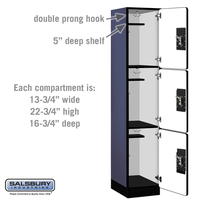 Salsbury 15" Wide Triple Tier Designer Wood Locker - 1 Wide - 6 Feet High - 18 Inches Deep - Blue - Black Resettable Combination Locks - Sweatfully